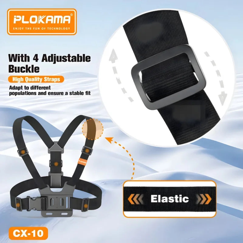 PLOKAMA chest harness with adjustable buckle and elastic straps on a light blue background