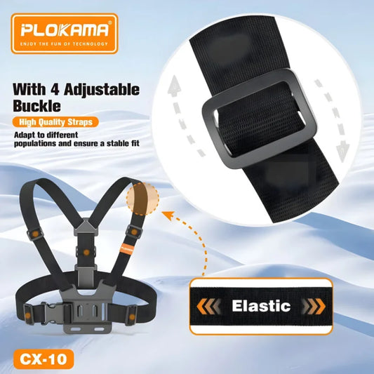 PLOKAMA chest harness with adjustable buckle and elastic straps on a light blue background