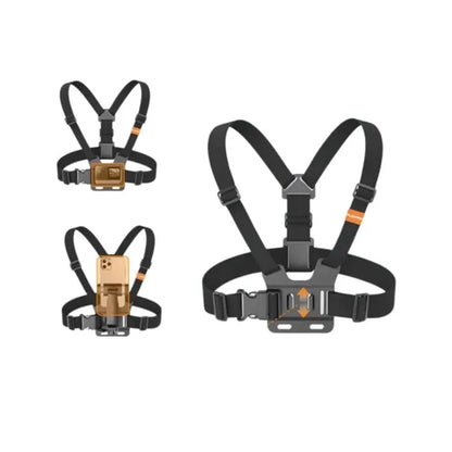 Two chest harnesses with GoPro mounts on a white background