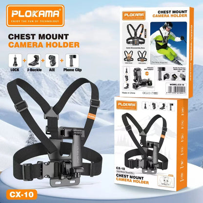 Plokama chest mount camera holder with packaging against a snowy mountain background