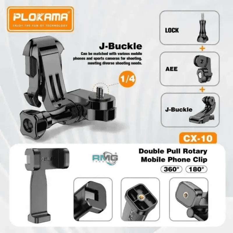 Plokama CX-10 J-Buckle double pull rotary mobile phone clip in black, shown with feature callouts, lock and AEE positions, and compatibility text on a light gray background.