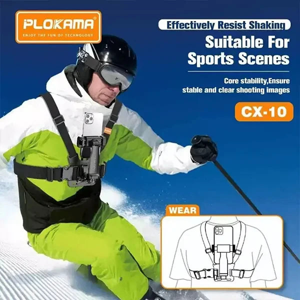 Person skiing with a camera stabilizer, Plokama CX-10, against a blue sky background.