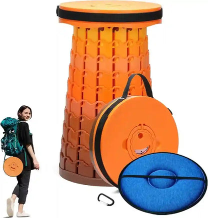 Orange and blue collapsible stools with carrying strap on a white background