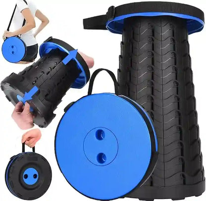 Black and blue portable stool with wheels and carrying strap on a white background