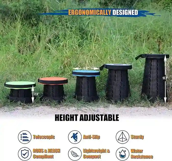 Five adjustable black plastic outdoor stools of varying heights are shown standing in grass on a dirt path, with marketing text and feature icons below and above the scene.