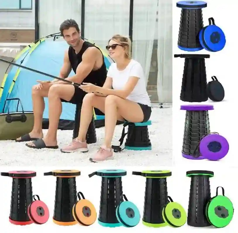 Collage showing a portable collapsible camping stool in multiple colors, with a man and woman sitting on one version outdoors near a tent, and additional color options displayed on the right and bottom.