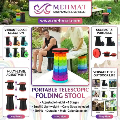 Promotional graphic for the MEHMAT portable telescoping folding stool, showing the product in a garden setting with two people sitting on it, alongside feature callouts including vibrant color selection, compact and portable design, multi-level adjustment, and outdoor versatility.