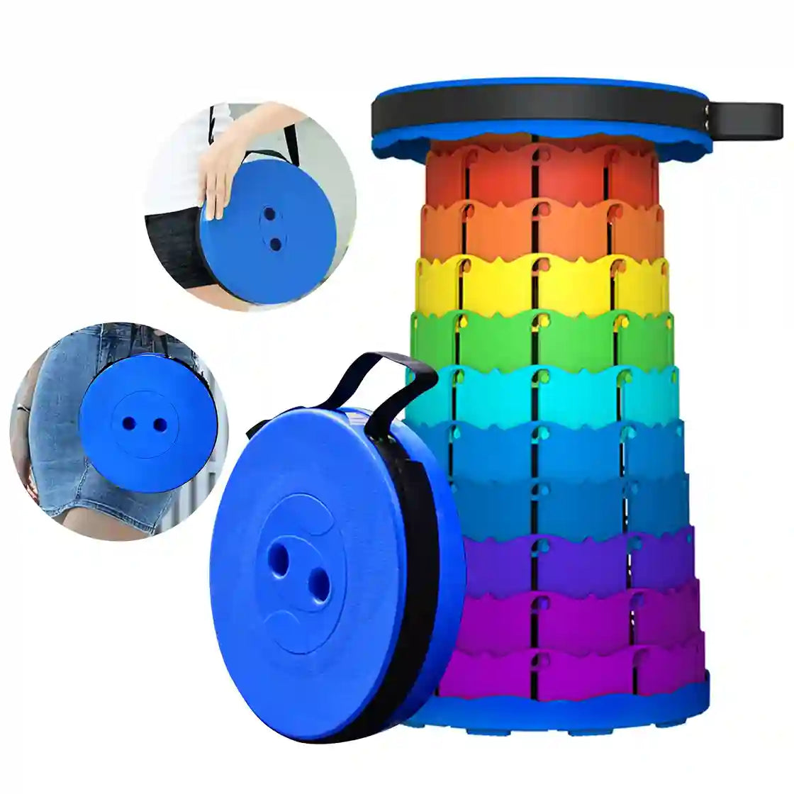 A rainbow-colored telescopic folding bag shown open and closed, with two circular inset photos demonstrating how it is worn on a shoulder and hip. The product is made of bright plastic in a rainbow gradient with blue circular ends and black straps.