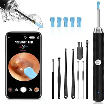 Ear cleaning tool set with smartphone app displaying ear inspection, including various probes and cleaning tools.