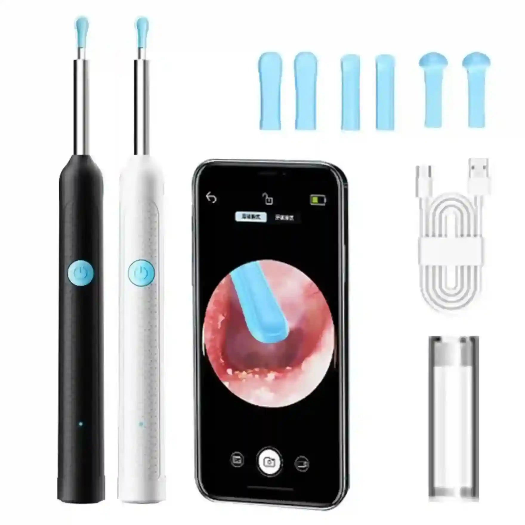Two electronic devices, a smartphone displaying an endoscopic view, and additional components on a white background.