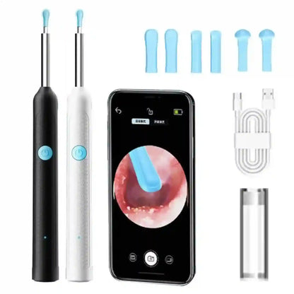 Two electronic devices, a smartphone displaying an endoscopic view, and additional components on a white background.