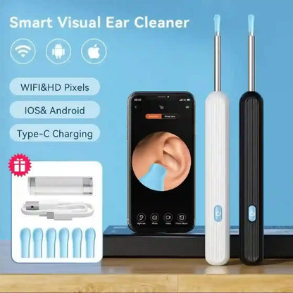 Smart visual ear cleaner with phone app display, packaging, and two devices on a blue background.
