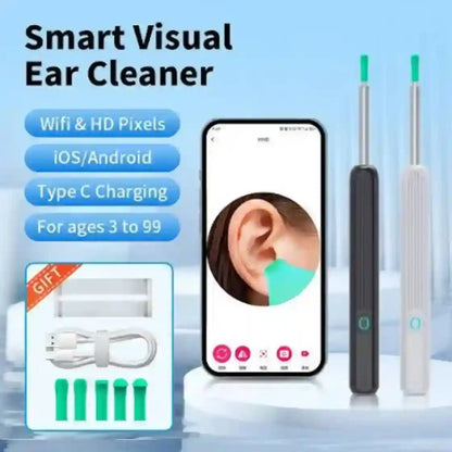 Smart visual ear cleaner set shown on a light blue promotional background, with two handheld ear-cleaning tools standing upright, a smartphone displaying an ear visualization screen, and a small gift box containing a charging cable and replacement tips. Text highlights WiFi, HD pixels, iOS/Android compatibility, C charging, and age suitability.