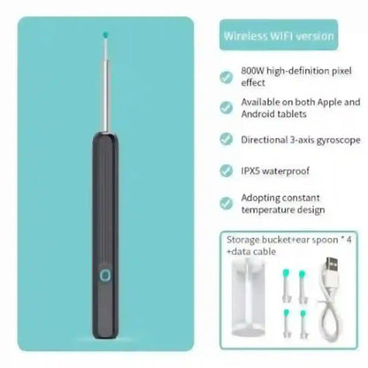 A promotional graphic for a wireless electric toothbrush. The left side shows the toothbrush against a light aqua background, while the right side contains feature text ('Wireless WiFi version', '800W high-definition pixel effect', 'Available on both Apple and Android tablets', 'Directional 3-axis gyroscope', 'IPX5 waterproof', 'Adopting constant temperature design') and a small inset showing storage bucket, ear spoon, and USB cable.