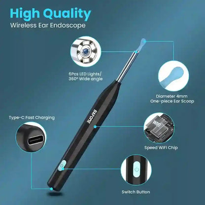 A black wireless ear endoscope with a blue-tipped ear scoop, shown on a blue gradient background with callout circles highlighting features such as LED lights, diameter, Type-C charging, WiFi chip, and switch button.