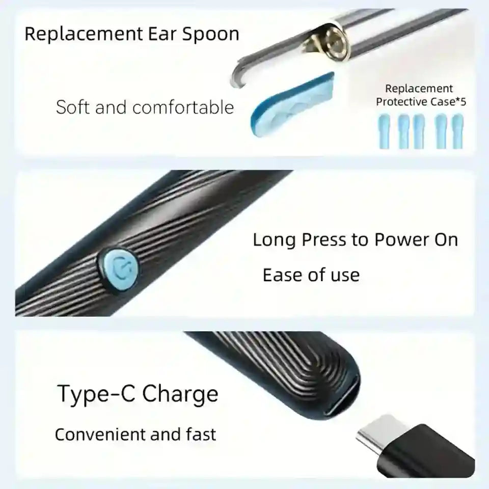 Product features of a replacement ear spoon with text on softness, ease of use, and charging.