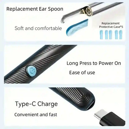 Product features of a replacement ear spoon with text on softness, ease of use, and charging.