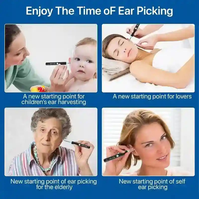 A blue promotional graphic with the headline 'Enjoy The Time OF Ear Picking' and four inset photos showing people using ear-picking tools for children, relaxation, the elderly, and self-care.
