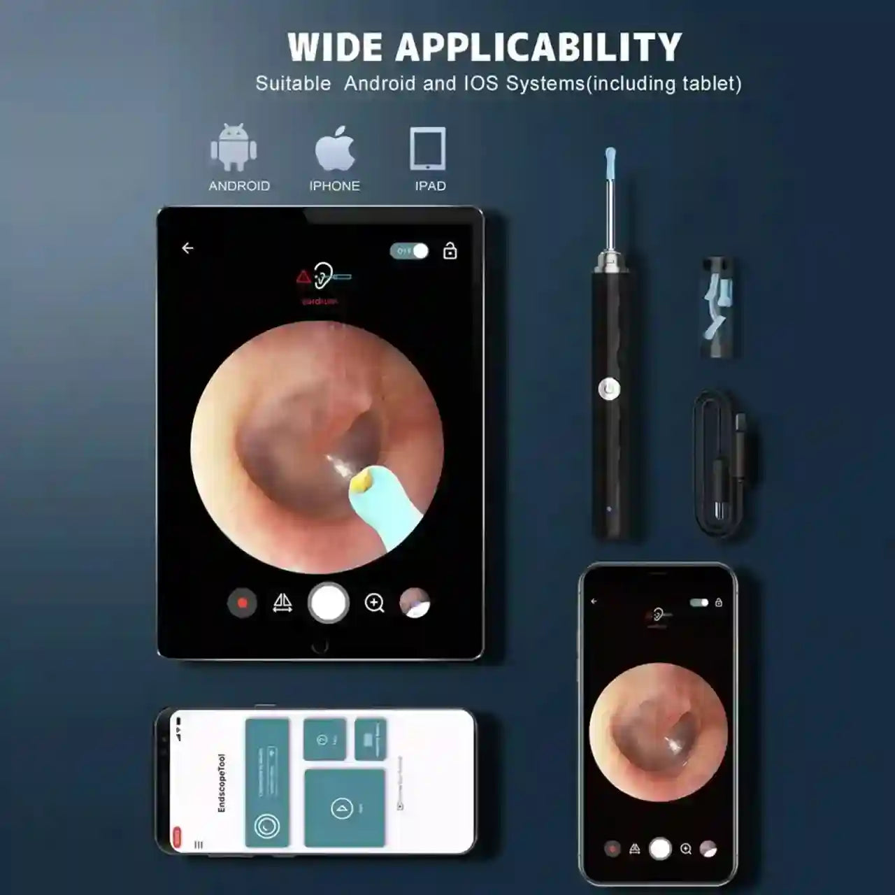 Digital endoscope camera kit shown on a tablet, phone, and handheld pen-style device against a dark blue background, with text reading 'WIDE APPLICABILITY' and compatibility icons for Android, iPhone, and iPad.