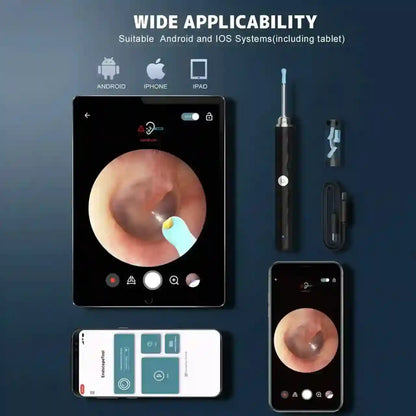 Digital endoscope camera kit shown on a tablet, phone, and handheld pen-style device against a dark blue background, with text reading 'WIDE APPLICABILITY' and compatibility icons for Android, iPhone, and iPad.