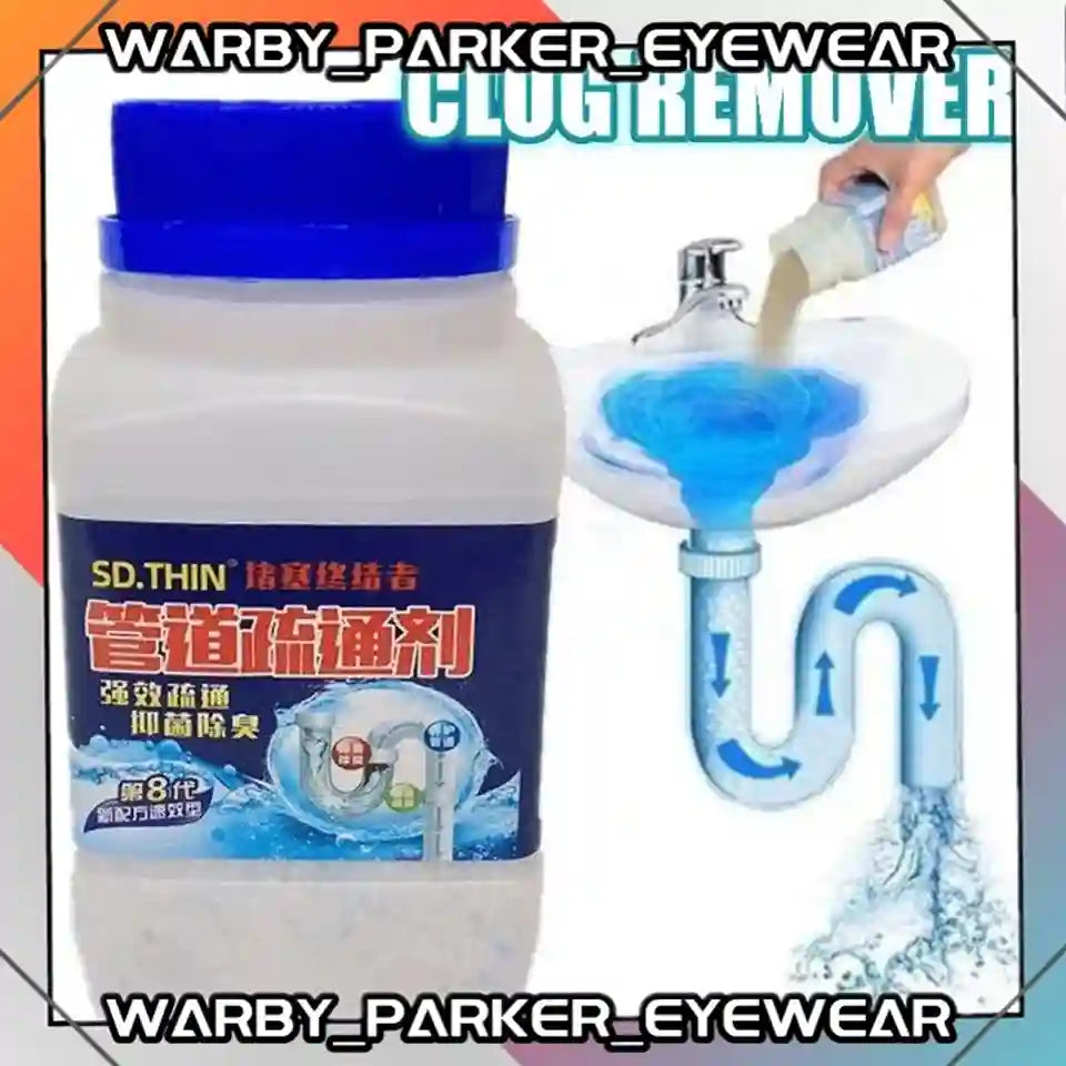 A bottle of Warby Parker Eyewear clog remover shown next to an illustration of a sink with water flowing down a drain, with the text 'WARBY_PARKER_EYEWEAR CLOG REMOVER' at the top and bottom.