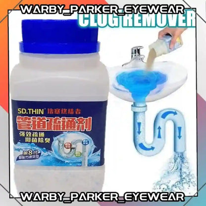 A bottle of Warby Parker Eyewear clog remover shown next to an illustration of a sink with water flowing down a drain, with the text 'WARBY_PARKER_EYEWEAR CLOG REMOVER' at the top and bottom.