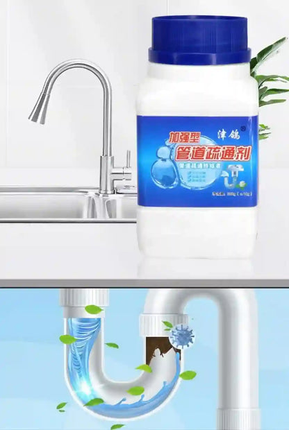 A bottle of Chinese drain cleaner with a blue cap and blue label, shown next to a kitchen sink faucet. The bottom half features an illustration of a clean U-bend pipe with green leaves and blue water.
