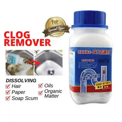 A bottle of clog remover with a blue cap and white container, shown next to text listing dissolving agents like hair, paper, oils, organic matter, and soap scum, plus small before/after sink images and a gold 'Top 10' badge.