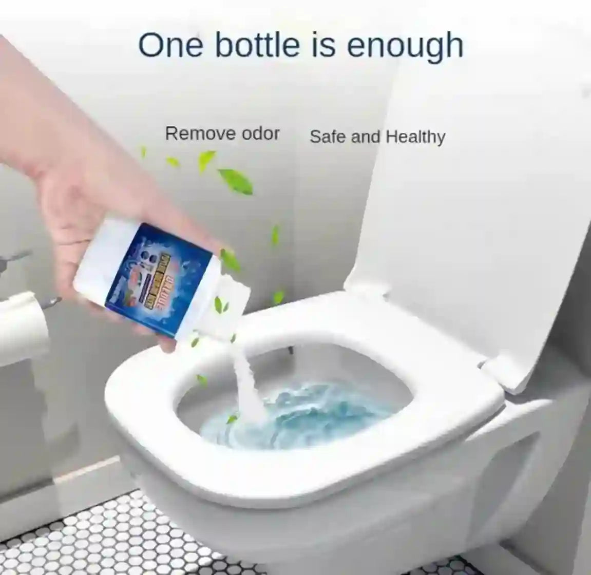 A hand pours a white powder from a blue and white bottle into a running toilet bowl, with text reading 'One bottle is enough' and 'Remove odor Safe and Healthy'.