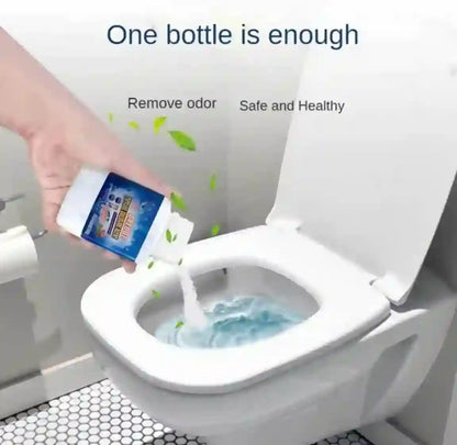A hand pours a white powder from a blue and white bottle into a running toilet bowl, with text reading 'One bottle is enough' and 'Remove odor Safe and Healthy'.