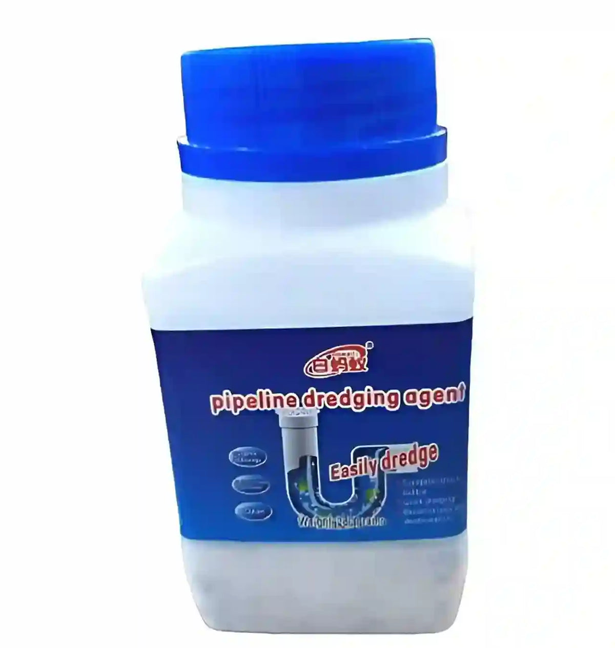 A white plastic bottle of pipeline dredging agent with a blue cap and a blue label, shown against a plain white background.