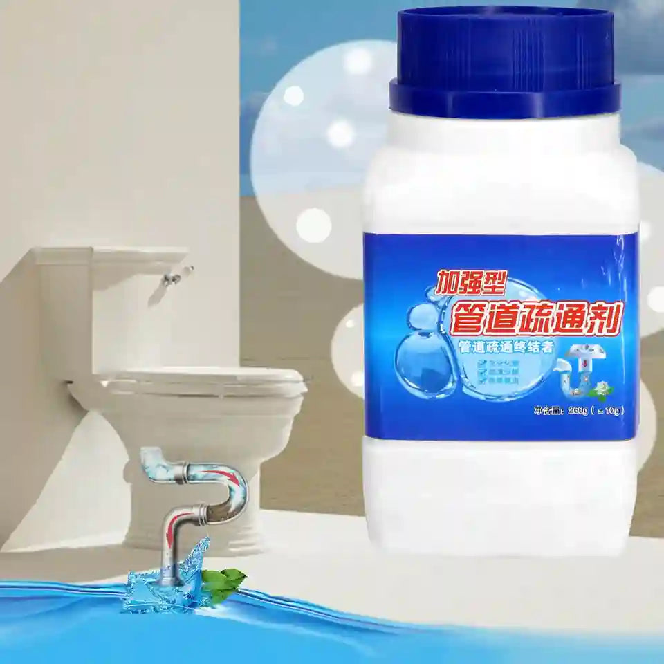 A white plastic bottle of pipe unclogging agent with a blue cap and blue label, shown next to a toilet with water splashing from a pipe, on a light background.