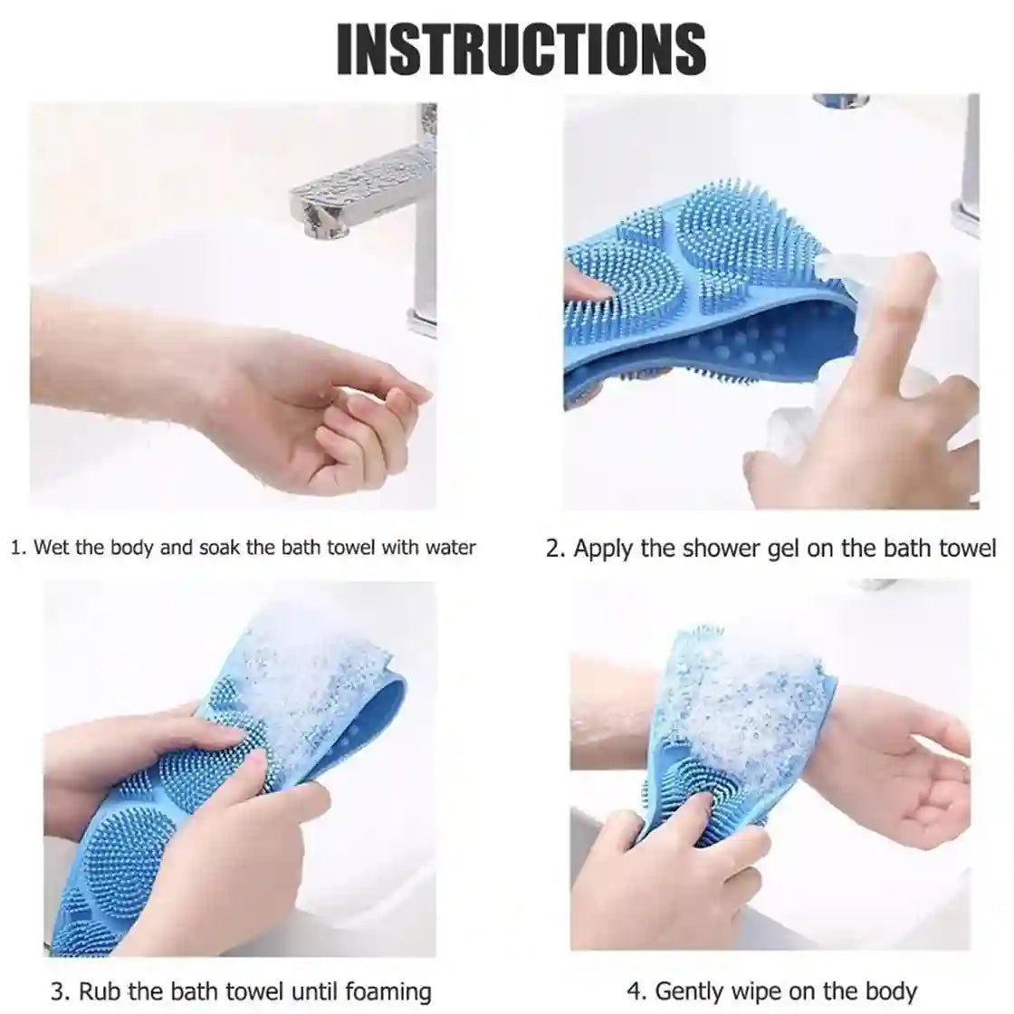 Instructional graphic showing four steps for using a blue silicone bath towel scrubber: wet the body and soak the towel with water, apply shower gel, rub the towel until foaming, and gently wipe on the body.