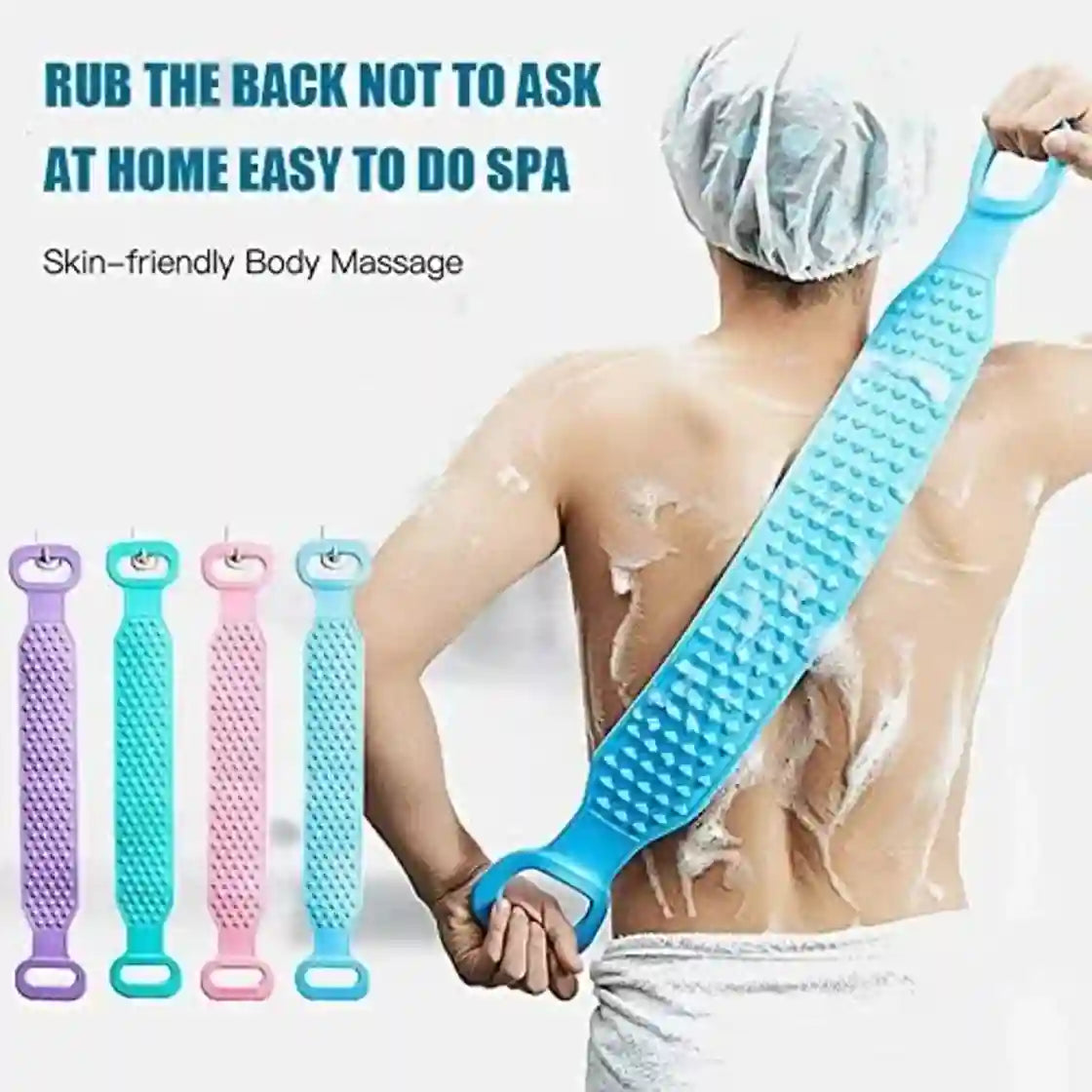 A person shown from the back wearing a shower cap and wrapped towel, using a blue textured shoulder massage strap. The image includes text about back massage and shows four additional strap colors on the left: purple, teal, pink, and blue.