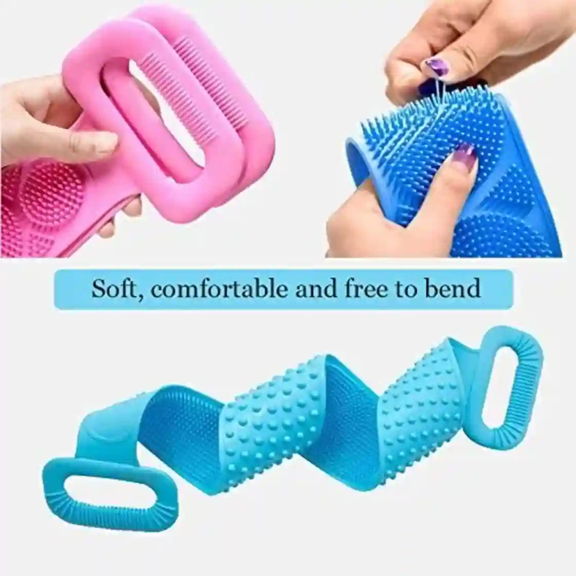 A silicone pet grooming brush with dual colors shown in use and as a standalone product. The top half shows a pink version being held by hands and a blue version being used to groom a dog, with text reading 'Soft, comfortable and free to bend.