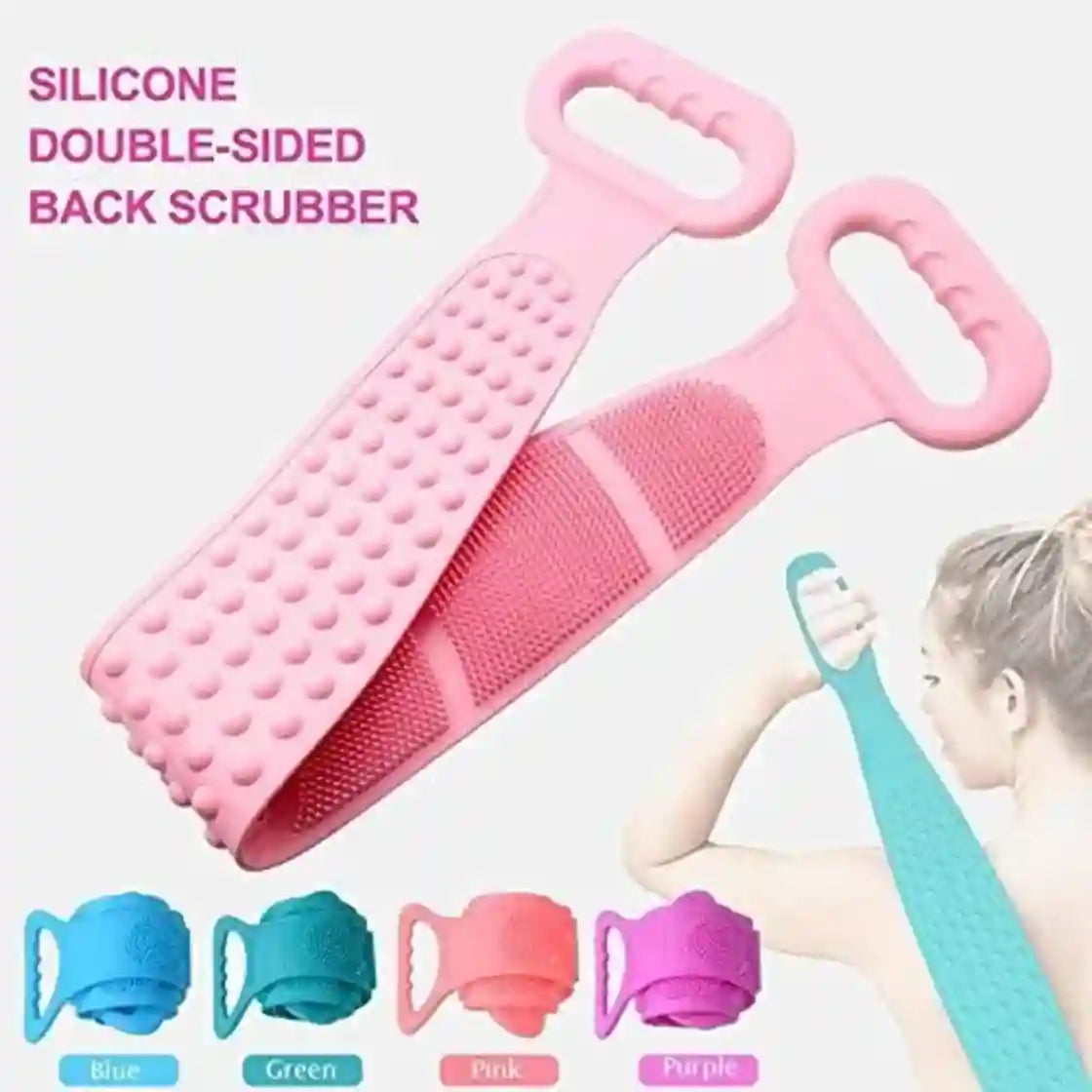 Pink silicone double-sided back scrubber with textured scrubbing and massage sides, shown with text and a small inset of a woman using it. Color options at the bottom include blue, green, pink, and purple.