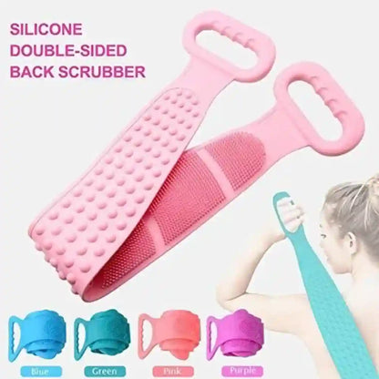 Pink silicone double-sided back scrubber with textured scrubbing and massage sides, shown with text and a small inset of a woman using it. Color options at the bottom include blue, green, pink, and purple.