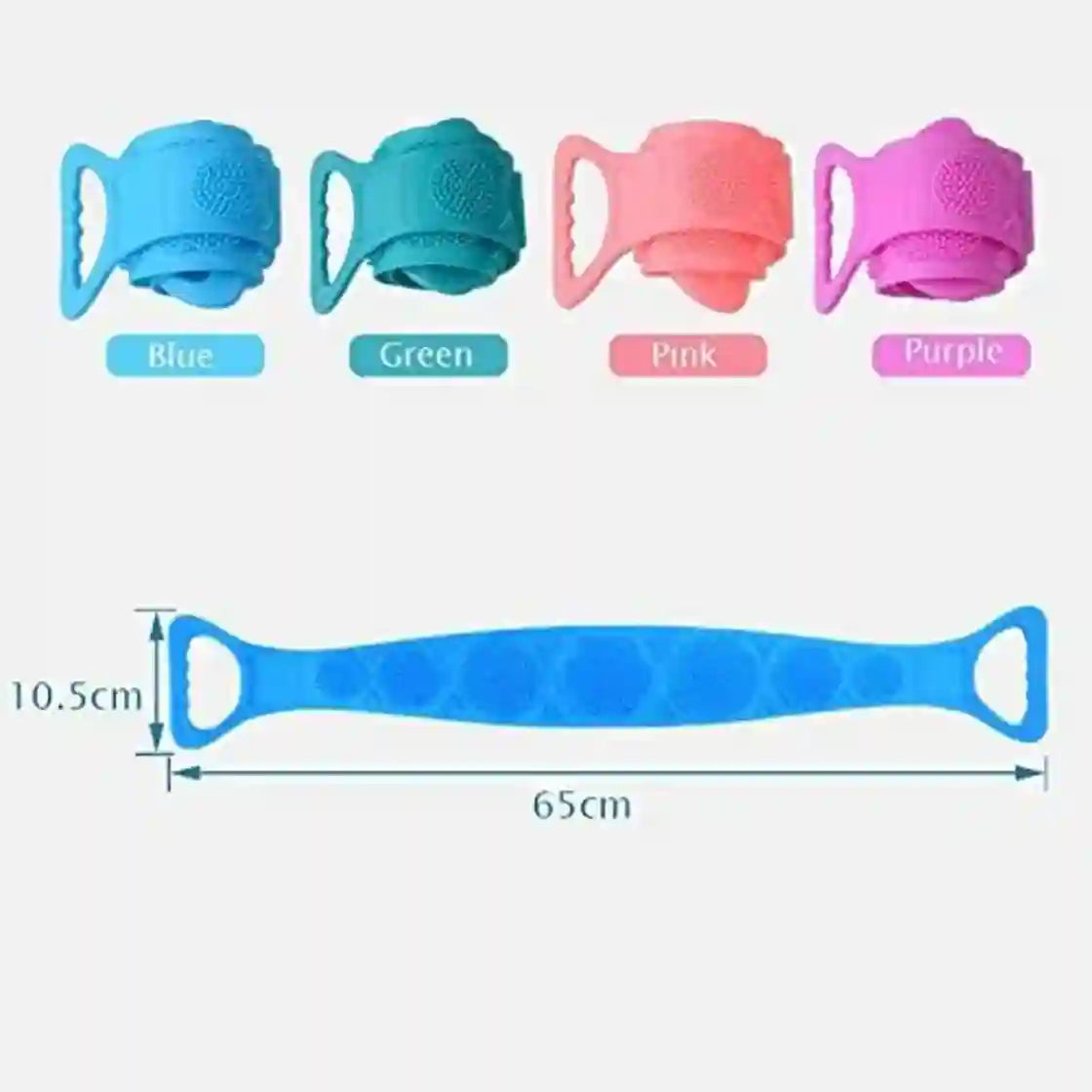 Silicone baby teething ring set shown in four colors: Blue, Green, Pink, and Purple, with a bottom dimension diagram showing the length as 65cm and width as 10.5cm.