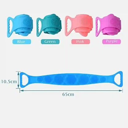 Silicone baby teething ring set shown in four colors: Blue, Green, Pink, and Purple, with a bottom dimension diagram showing the length as 65cm and width as 10.5cm.
