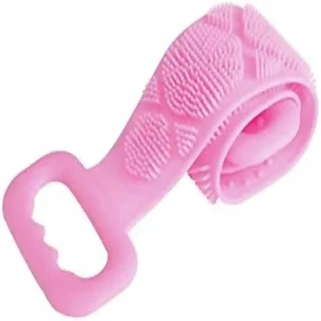 A pink silicone baby teething toy with textured nubs and a handle, shown on a plain white background.