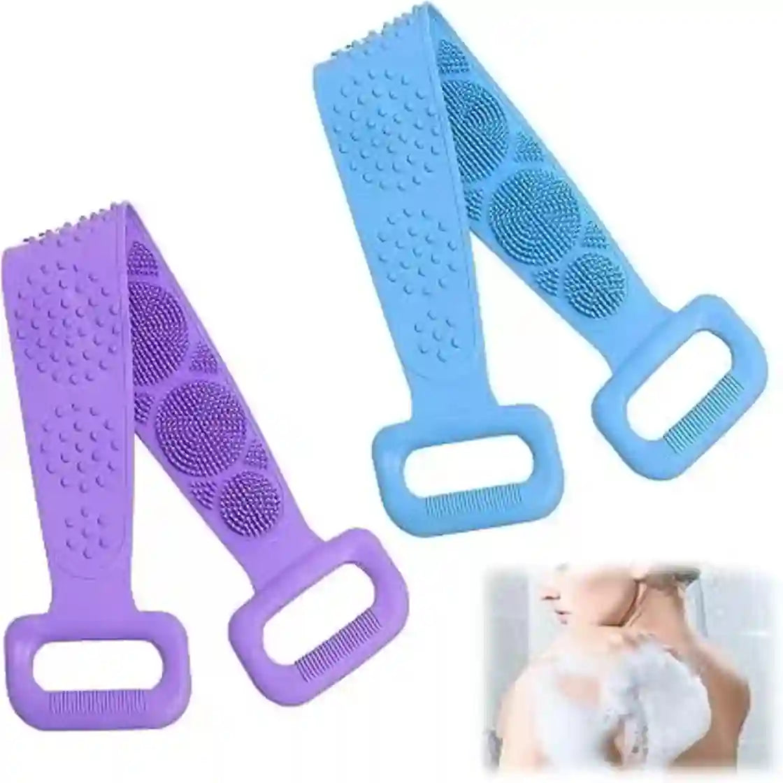 Two silicone shoulder and back massage scrubber straps in purple and blue, shown on a white background with a small inset photo of a woman using one in a shower.