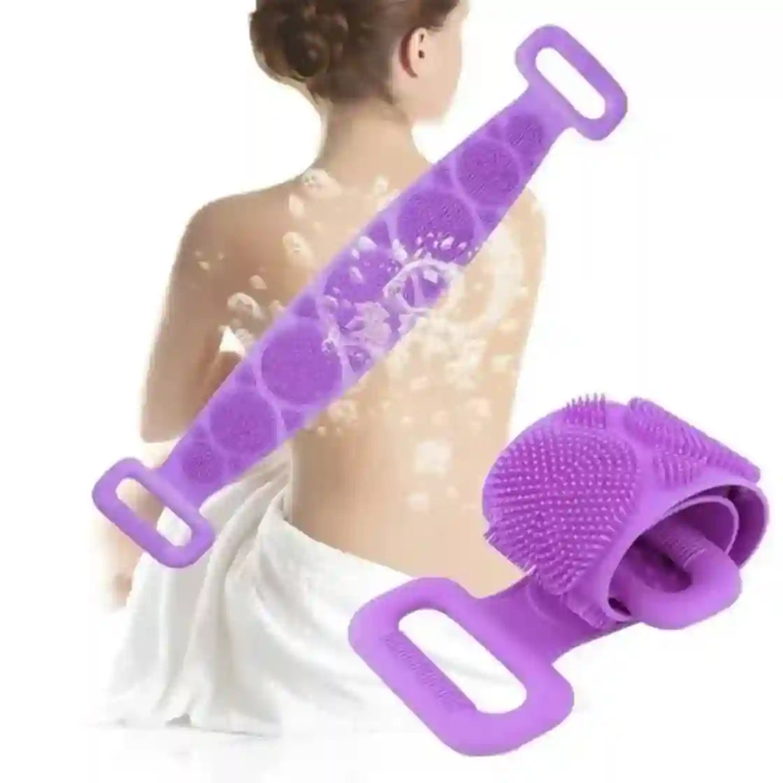 Purple silicone back scrubber and shoulder massage tool shown on a woman's back with soap bubbles, plus a rolled view of the tool on a white background.
