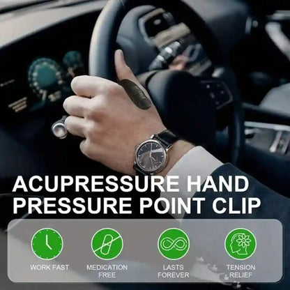 A person in a car holding the steering wheel while wearing a wrist-mounted acupressure hand pressure point clip. Large text reads 'ACUPRESSURE HAND PRESSURE POINT CLIP' with four green feature icons below.