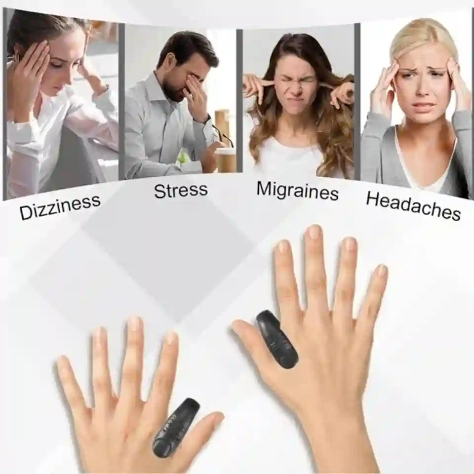 A product demonstration graphic showing two hands wearing black finger rings, with four panels above showing people experiencing dizziness, stress, migraines, and headaches. Text labels identify each condition.