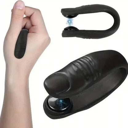 Black electronic device held in a hand with close-up of the device on a white background