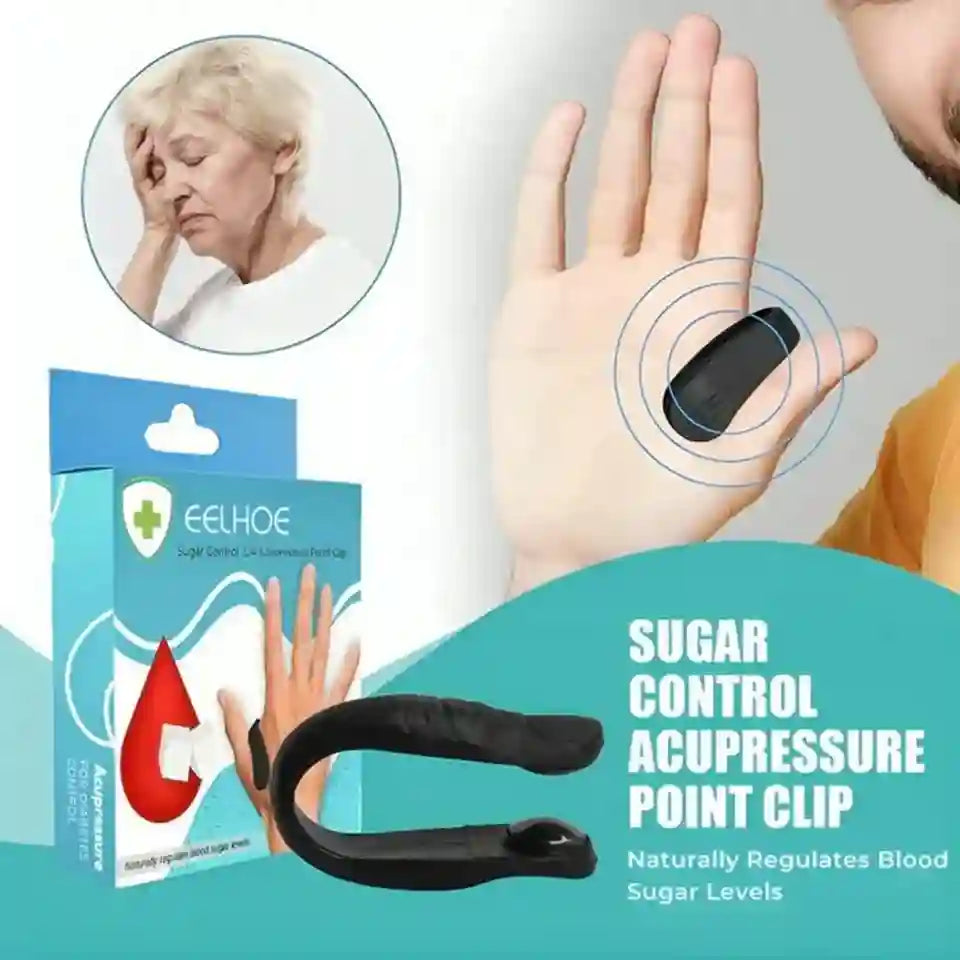 Sugar control acupressure point clip with packaging and person wearing it, featuring EELHOE brand.