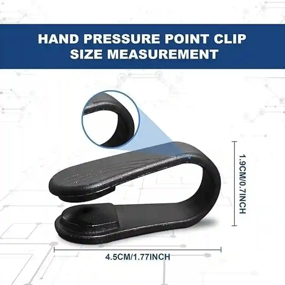 Hand pressure point clip with measurements on a technical background