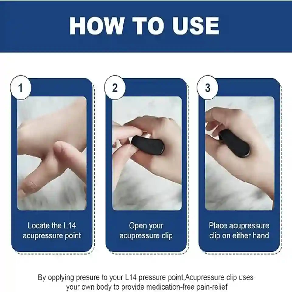 Instructional graphic titled 'HOW TO USE' showing three numbered steps for applying an acupressure clip to the L14 pressure point on a hand.