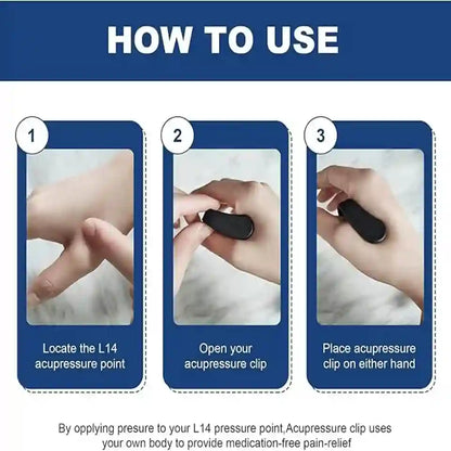 Instructional graphic titled 'HOW TO USE' showing three numbered steps for applying an acupressure clip to the L14 pressure point on a hand.