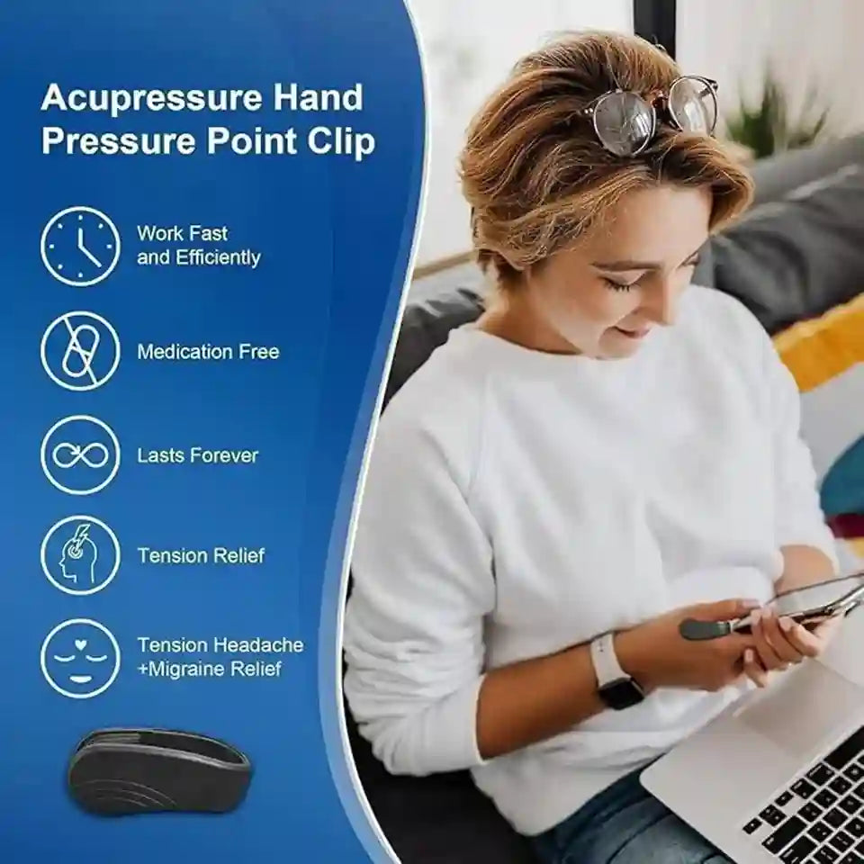 A woman sits on a couch using a laptop and phone, wearing a black acupressure hand pressure point clip on her wrist. The left side features a blue graphic panel with text reading 'Acupressure Hand Pressure Point Clip' and five benefit icons.